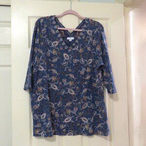J. Jill Blue Floral Print Tunic T-Shirt V-neck, V-Back ¾ Sleeve XL Petite